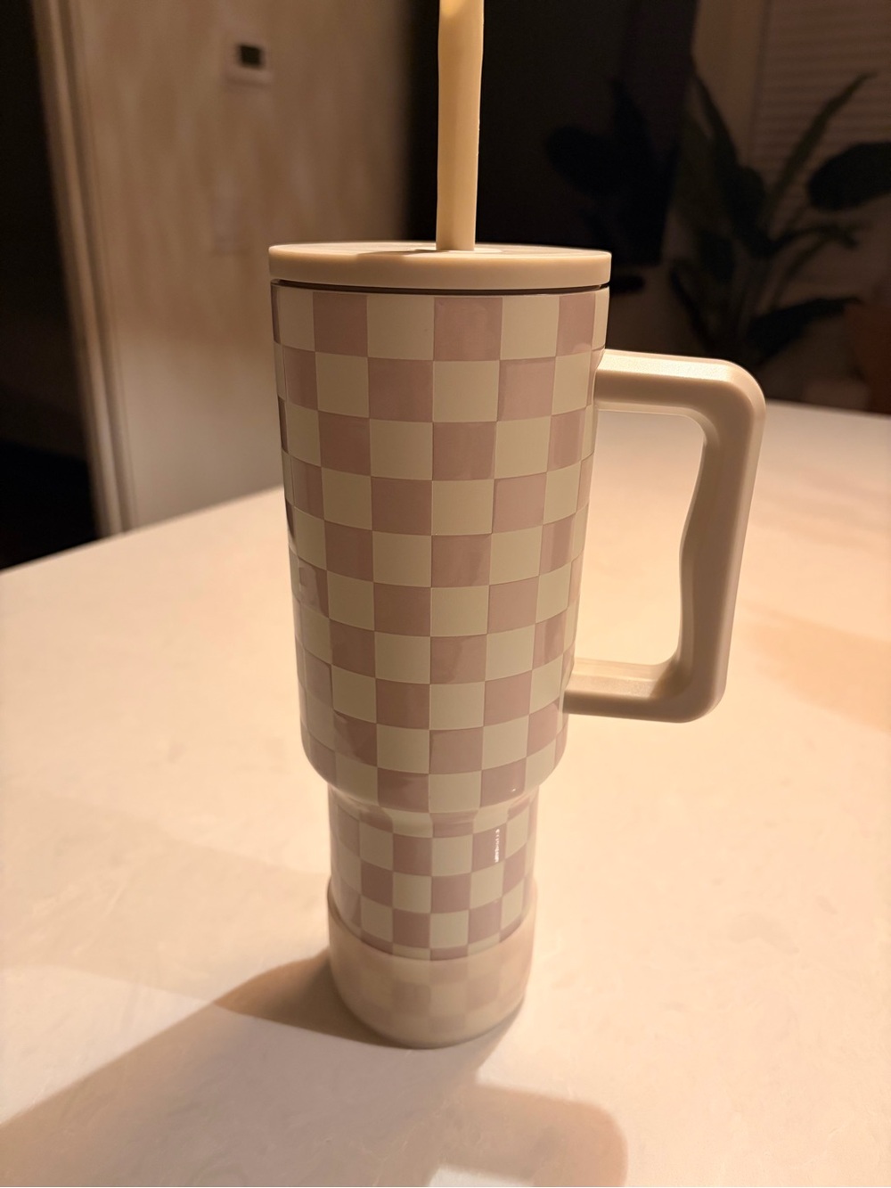 Simple Modern Checkered Travel Tumbler with Handle - Cream & Light Mauve